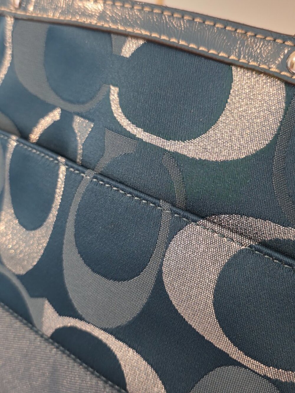 Coach Gallery Optic Signature Tote Teal Blue Jacquard Zip Shoulder Bag 12906 - Picture 6 of 12